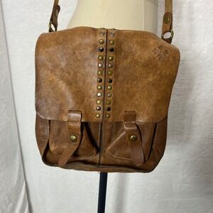 Patricia Nash Armeno‎ Distressed Brown Leather Studded Crossbody Messenger Bag